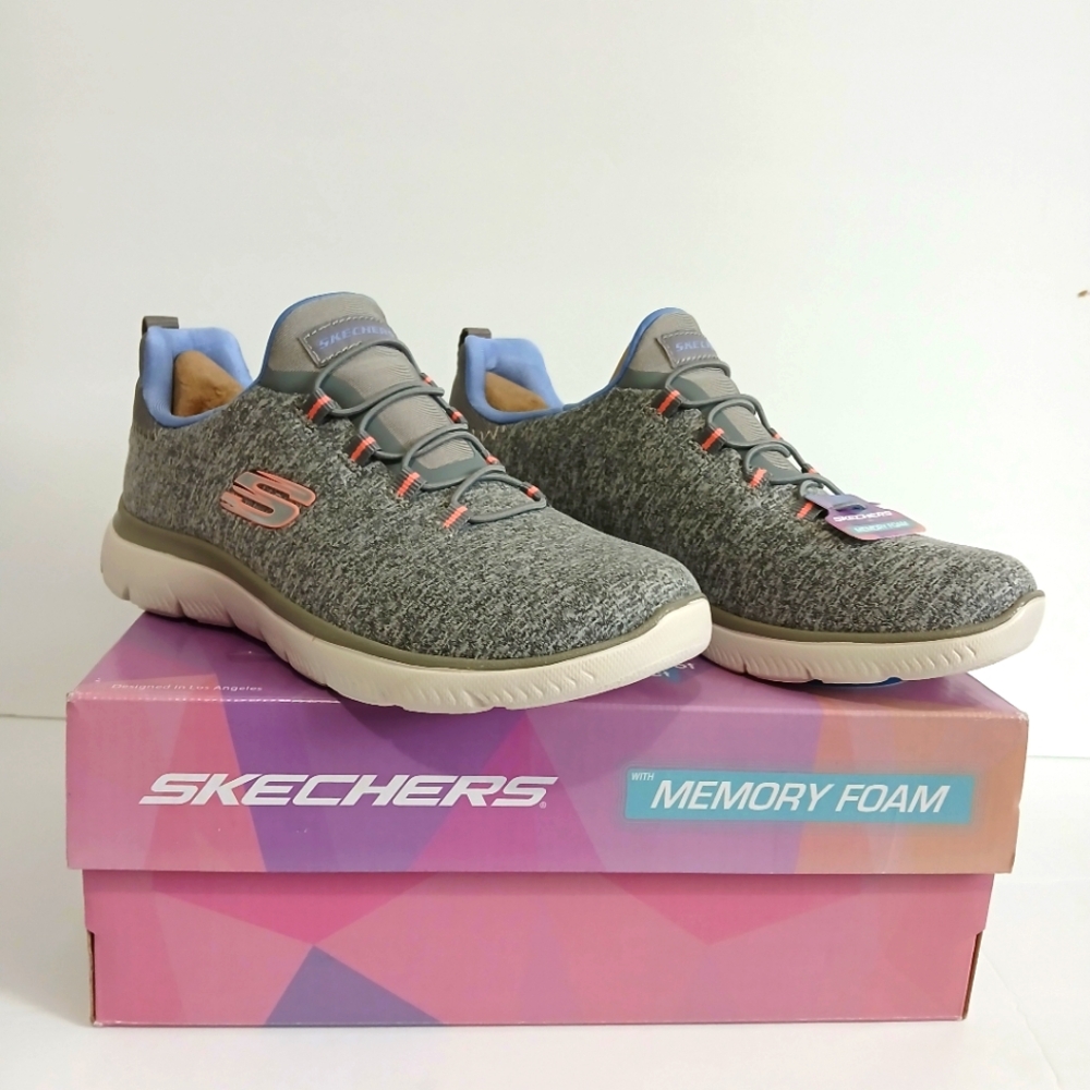 Sketchers Memory Foam Sneakers Quick Getaway Gray Blue Pink Size 5 Slip-ons